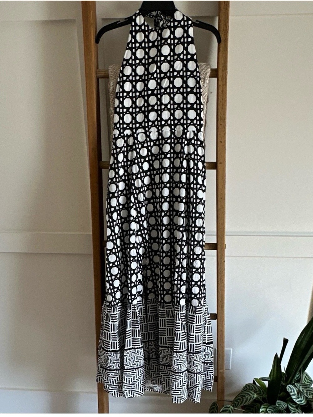Black & White Geometric Halter Maxi Dress